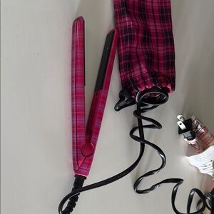 Pink Plaid Hair Straightener with Pouch